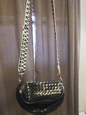 Black Woven Crossbody Bag with Patterned Strap